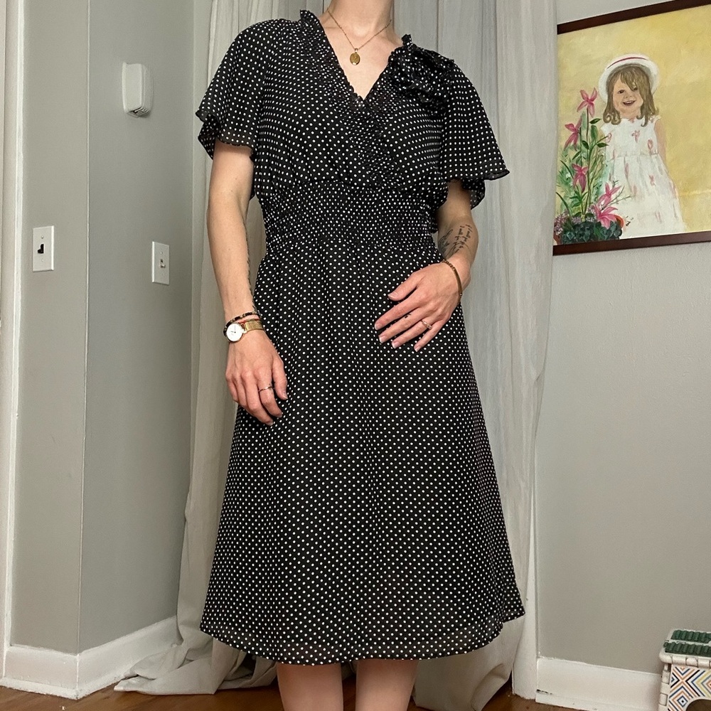 DownEast Black and White Polka Dot Flutter Sleeve Midi Dress - Picture 1 of 8
